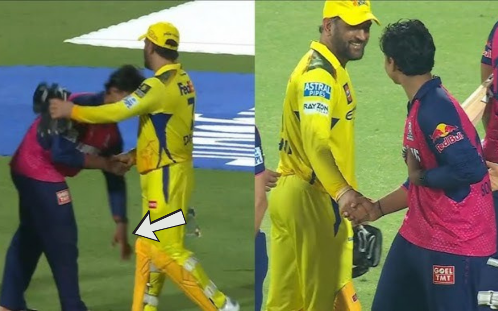 Vaibhav Suryavanshi touches MS Dhoni's feet